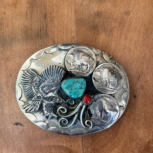 Silver Eagle Belt Buckle with Turquoise and Coral Accents